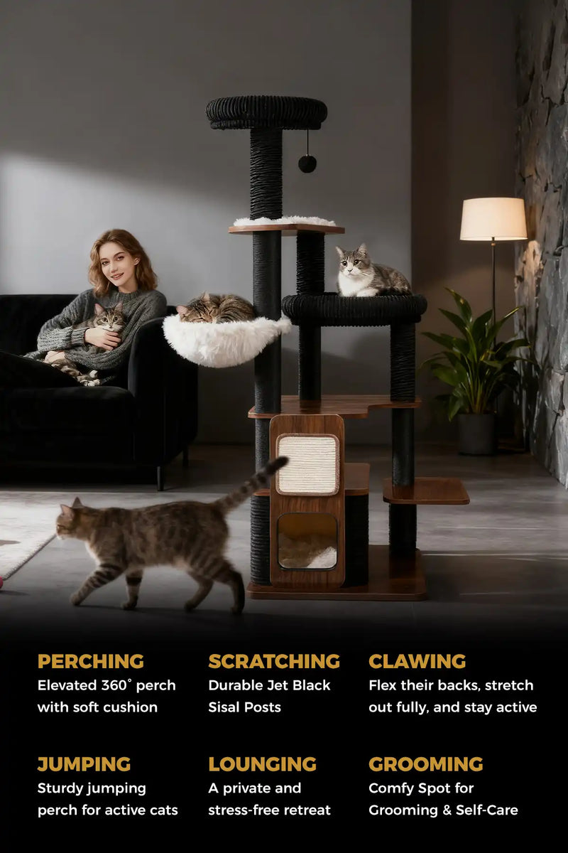 PERCHING
SCRATCHING
CLAWING
Elevated 360° perch
Durable Jet Black
Flex their backs, stretch
with soft cushion
Sisal Posts
out fully. and stay active
JUMPING
LOUNGING
GROOMING
Sturdy jumping
A private and
Comfy Spot for
perch for active cats
stress-free retreat
Grooming & Self-Care