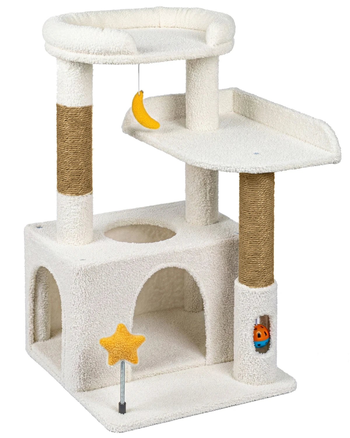Purrlato Candy Loft 30-inch beige cat tree tower isolated on a white background, featuring natural brown sisal scratching posts, a cream teddy fleece cat condo, padded top perch, and interactive toys.