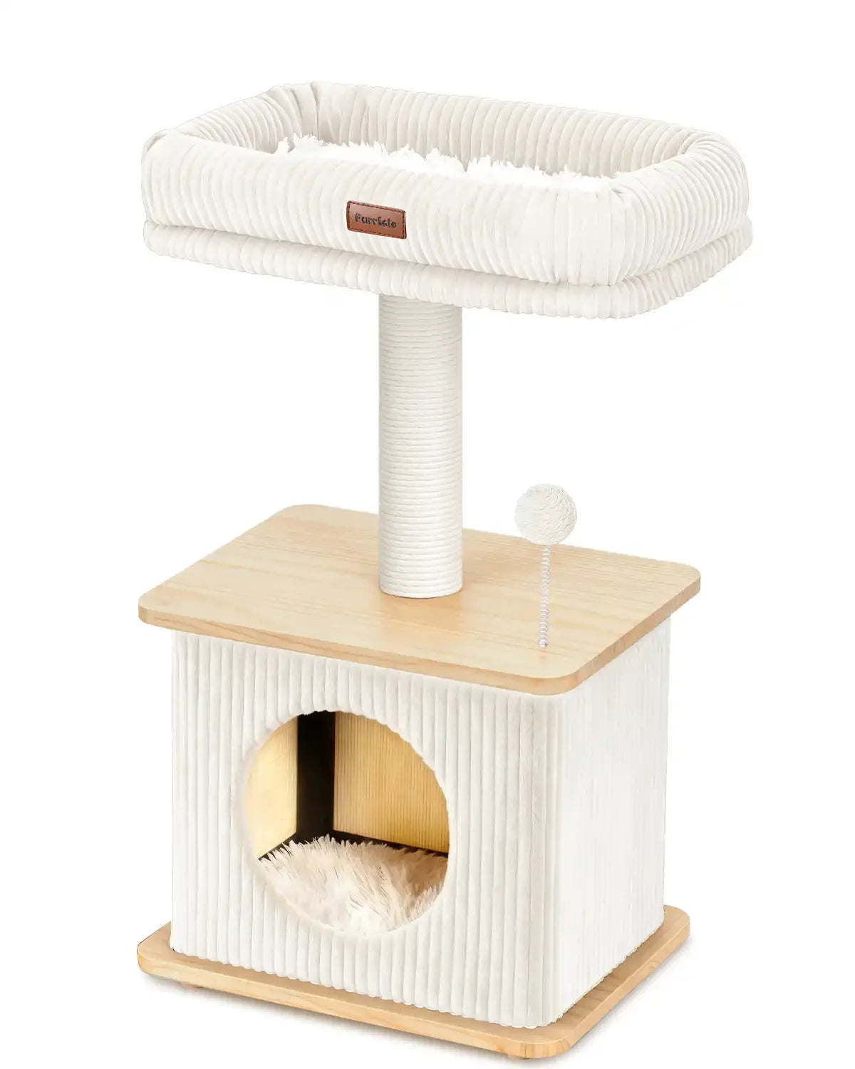 Purrlato Nordic Loft 30-inch standard ash white wooden cat tree tower isolated on a white background, featuring a single paper rope scratching post, a rectangular corduroy cat bed, an enclosed condo cave with a plush mat, and a spring toy ball.