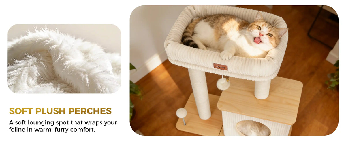 SOFT PLUSH PERCHES
A soft lounging spot that wraps your
feline in warm, furry comfort.