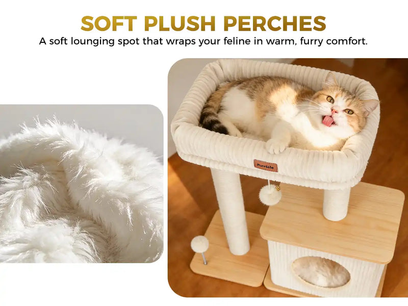 SOFT PLUSH PERCHES
A soft lounging spot that wraps your feline in warm, furry comfort.