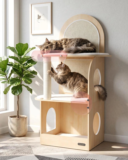 Purrlato 47" Solid Wood Cat Tree — Modern Cat Furniture for Indoor Cats | Scratch-Resistant Hardwood | Machine-Washable Cushion