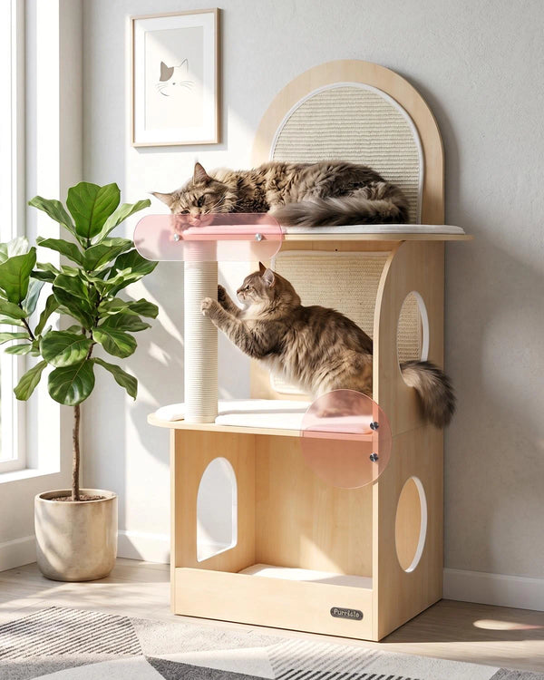 Purrlato 47" Solid Wood Cat Tree — Modern Cat Furniture for Indoor Cats | Scratch-Resistant Hardwood | Machine-Washable Cushion
