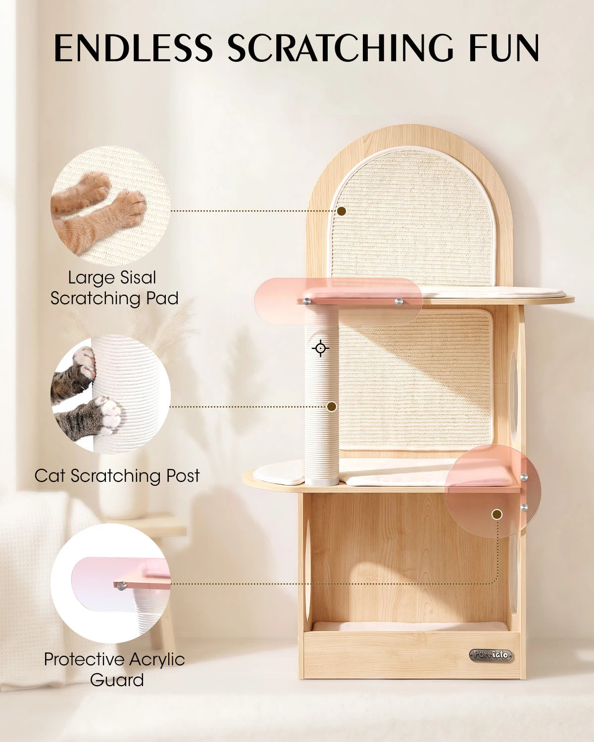 ENDLESS SCRATCHING FUN, 1.Large Sisal
Scratching Pad, 2.Cat Scratching Post, 3.Protective Acrylic Guard | Purrlato  Aesthetic Cat Tower Beige