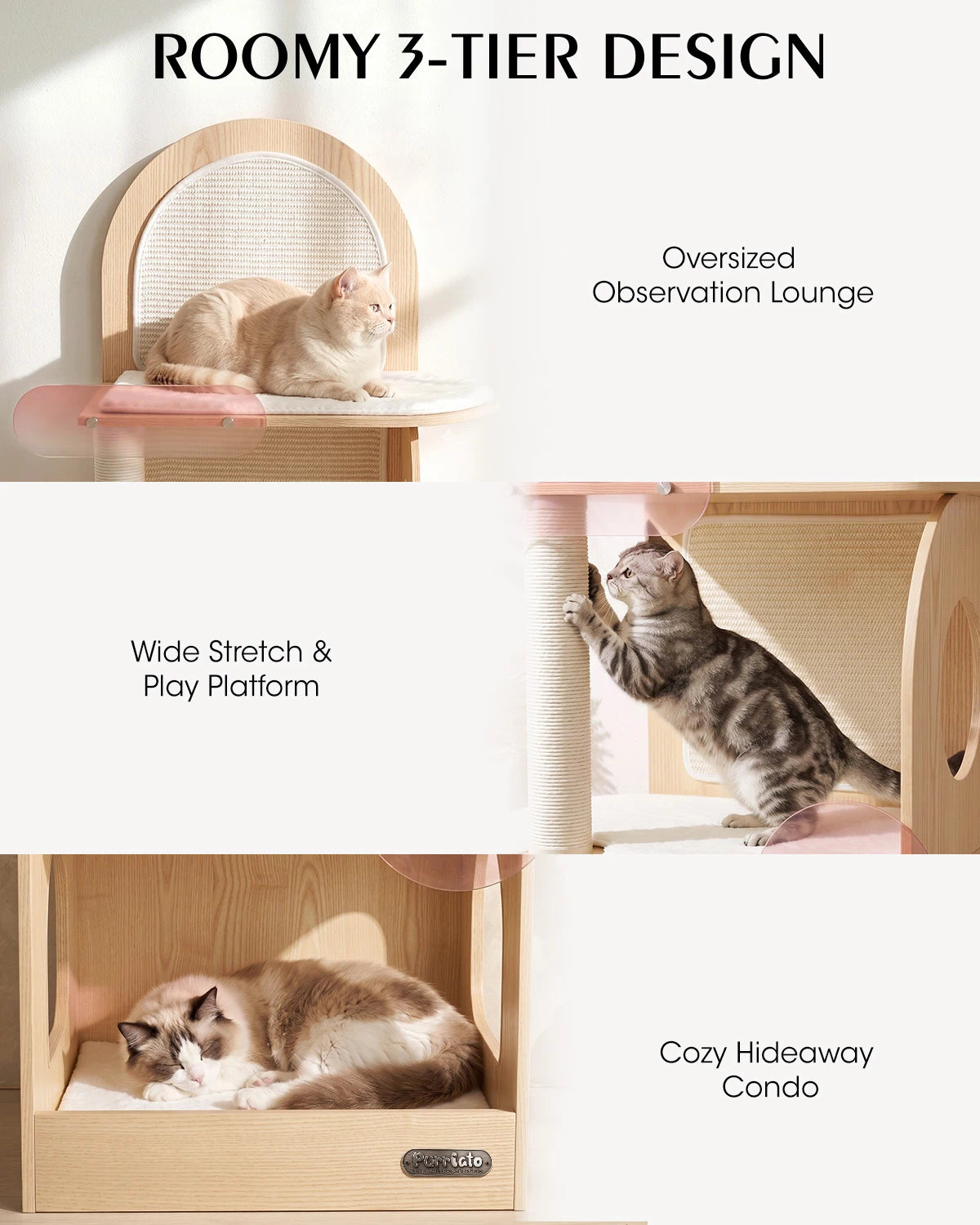 ROOMY 3-TIER DESIGN, Oversized
Observation Lounge, Wide Stretch & Play Platform, Cozy Hideaway Condo | Purrlato  Aesthetic Cat Tower Beige