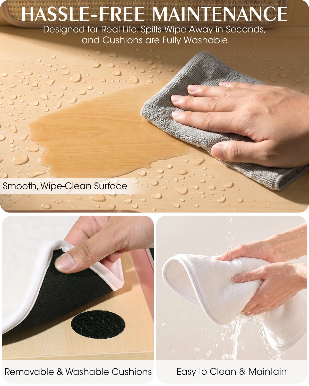 HASSLE-FREE MAINTENANCE, Designed for Real Life. Spills Wipe Away in Seconds, and Cushions are Fully Washable. | Purrlato  Aesthetic Cat Tower Beige