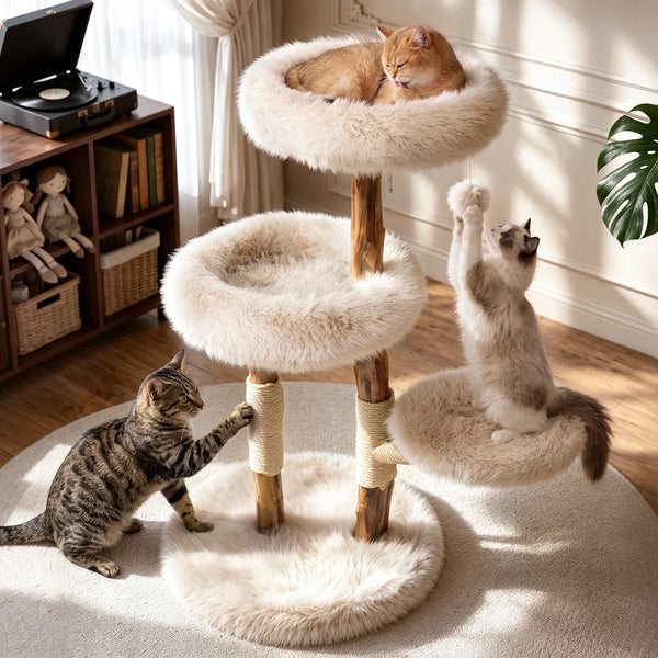 Modern boho living room featuring the Purrlato Natural Wood Cat Tree Beige as home decor.