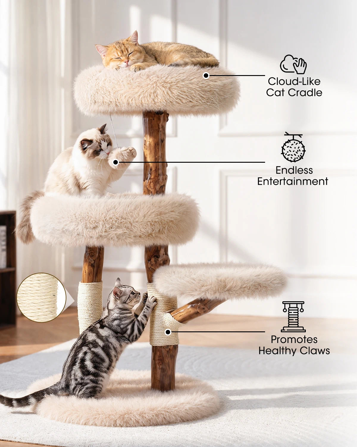 Purrlato Natural Wood Cat Tree Beige, Cloud-Like Cat Cradle, Endless Entertainment, Promotes Healthy Claws