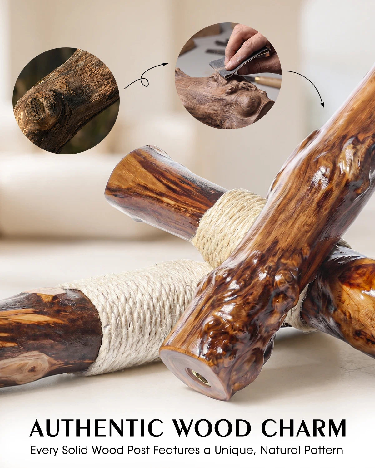 AUTHENTIC WOOD CHARM, Every Solid Wood Post Features a Unique, Natural Pattern | Purrlato Natural Wood Cat Tree Beige