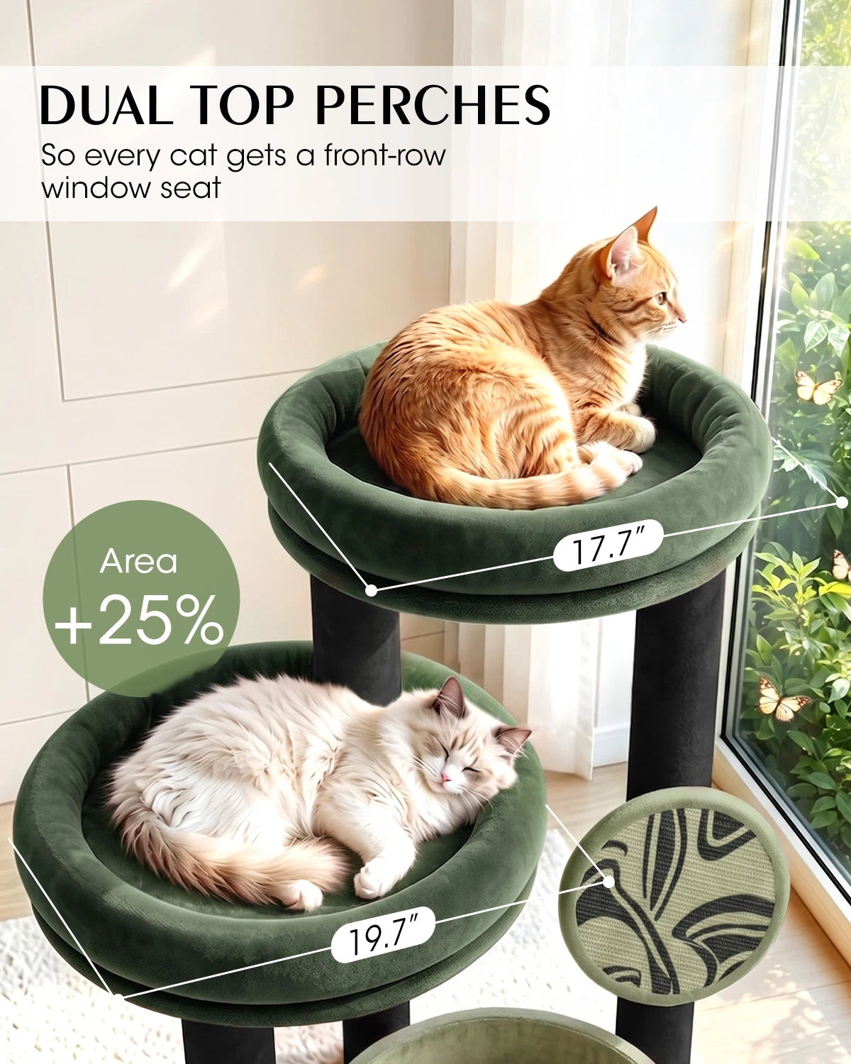 Purrlato Velvet Cat Tower, Green,DUALTOPPERCHES, So every cat gets a front-row, window seat