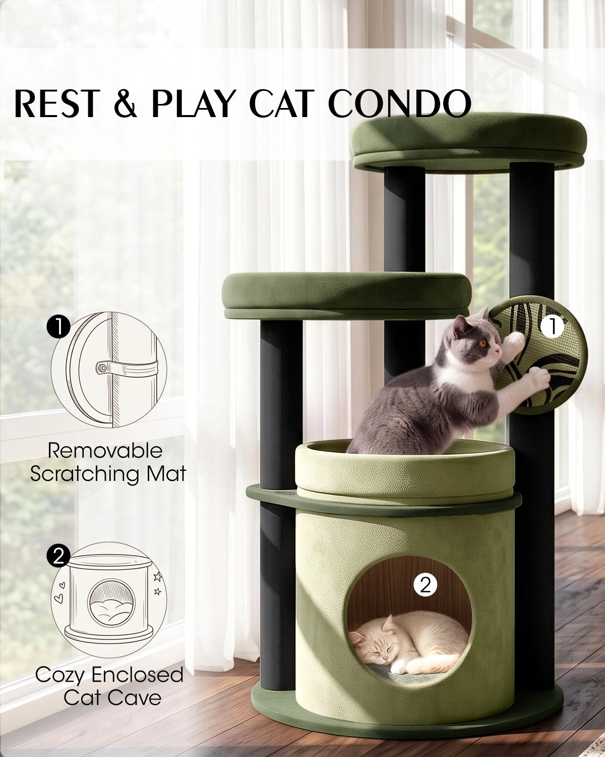 Purrlato Velvet Cat Tower, Green, REST & PLAY CAT CONDO, Removable Scratching Mat, Cozy Enclosed Cat Cave