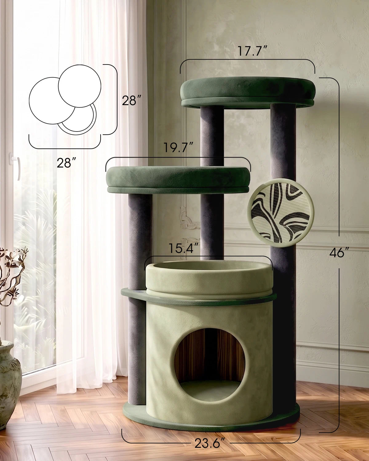 Purrlato Velvet Cat Tower, Green, Dimesions Chart