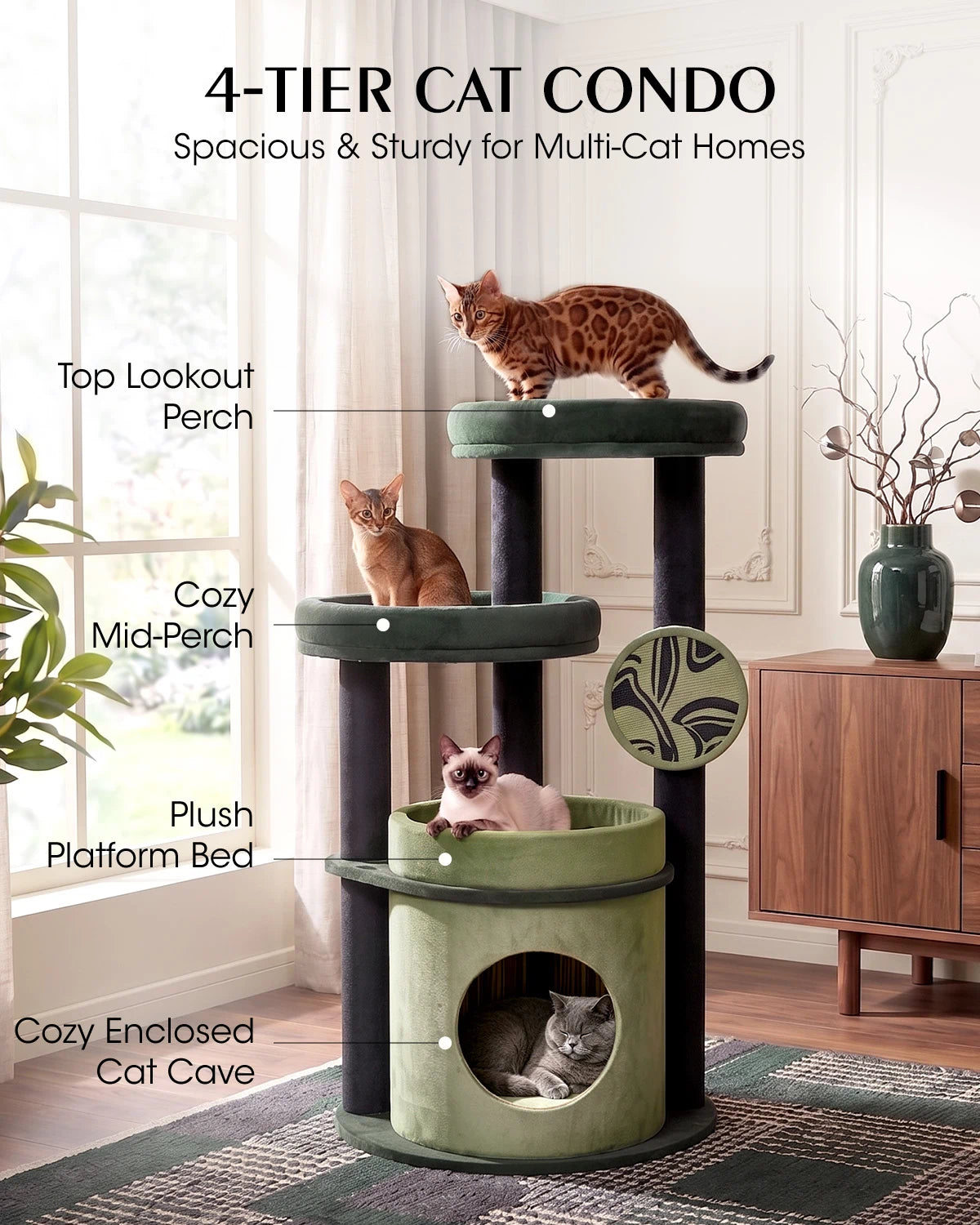 Purrlato Velvet Cat Tower, Green, 4-TIERCATCONDO, Spacious& Sturdy for Multi-Cat Homes
