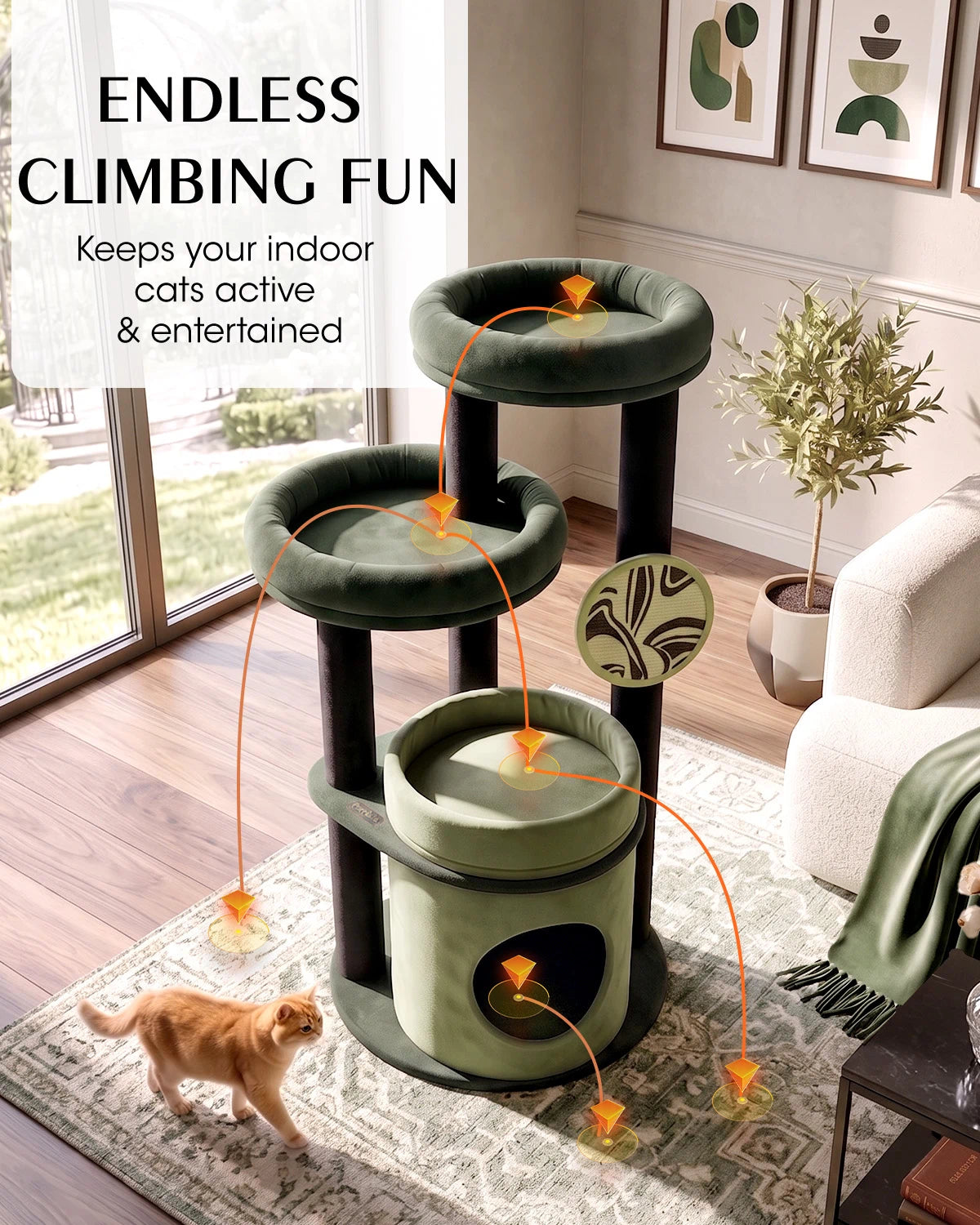 Purrlato Velvet Cat Tower, Green, ENDLESS CLIMBING FUN， Keeps your indoor cats active & entertained