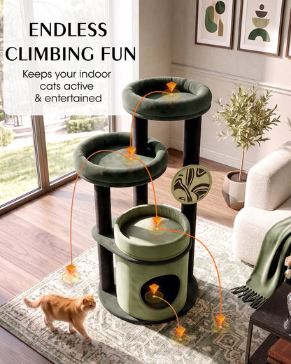 Purrlato Velvet Cat Tower, Green, ENDLESS CLIMBING FUN， Keeps your indoor cats active & entertained