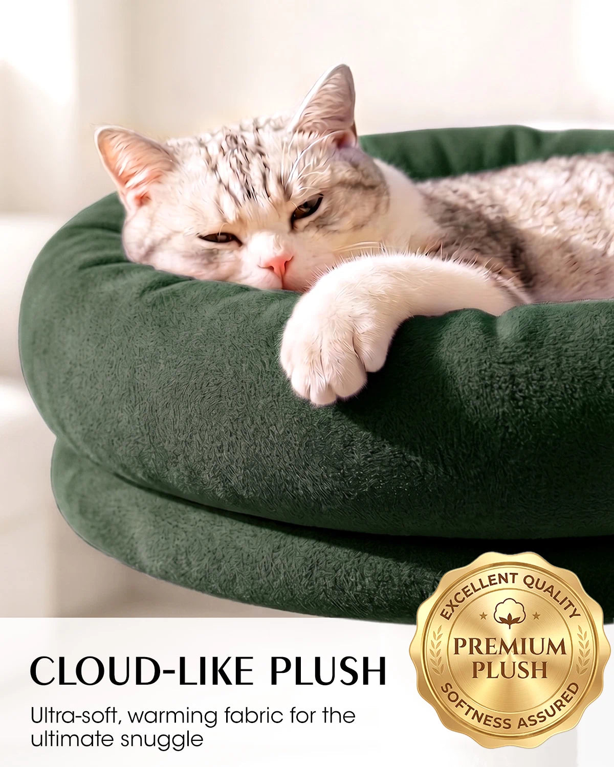 Purrlato Velvet Cat Tower, Green, CLOUD-LIKE PLUSH, Ultra-soft,warming fabric for the ultimate snuggle