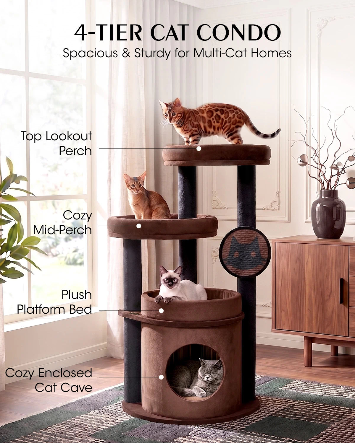 Purrlato Velvet Cat Tower, Brown, 4-TIERCATCONDO, Spacious& Sturdy for Multi-Cat Homes