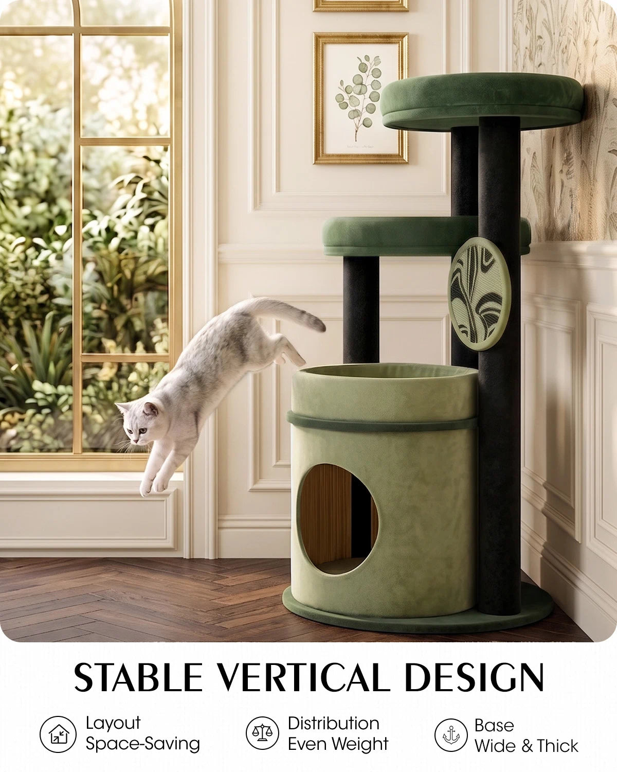Purrlato Velvet Cat Tower, Green, STABLE VERTICAL DESIGN