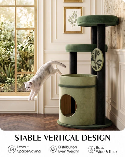 Purrlato Velvet Cat Tower, Green, STABLE VERTICAL DESIGN
