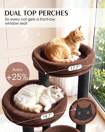 Purrlato Velvet Cat Tower, Brown,DUAL TOP PERCHES, So every cat gets a front-row window seat
