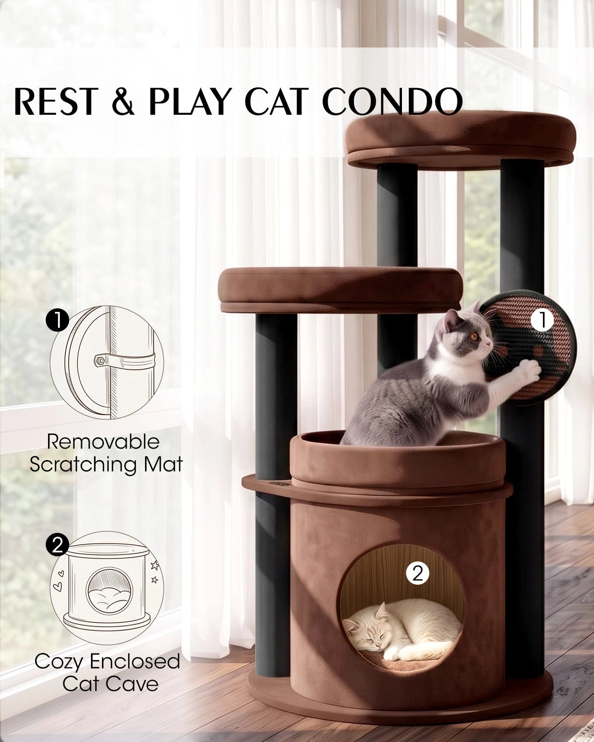 Purrlato Velvet Cat Tower, Brown,REST & PLAY CAT CONDO, 1.Removable Scratching Mat, 2.Cozy Enclosed Cat Cave