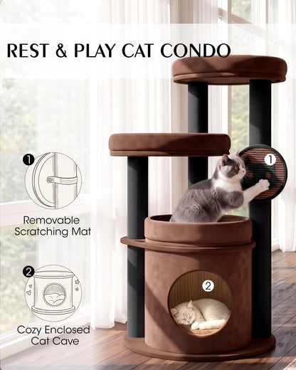 Purrlato Velvet Cat Tower, Brown,REST & PLAY CAT CONDO, 1.Removable Scratching Mat, 2.Cozy Enclosed Cat Cave