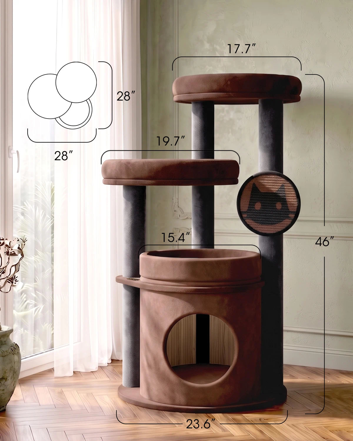 Purrlato Velvet Cat Tower, Brown, Dimesions Chart

