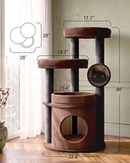 Purrlato Velvet Cat Tower, Brown, Dimesions Chart

