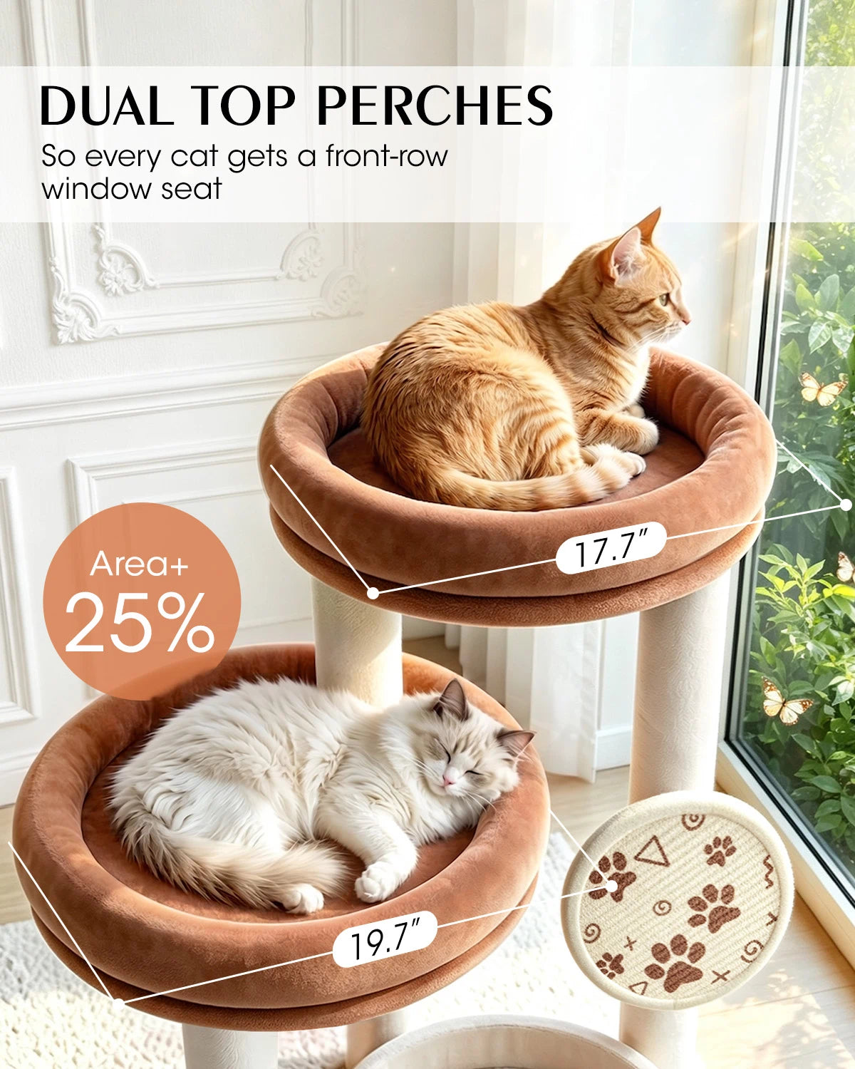 Purrlato Velvet Cat Tower, Beige, DUAL TOP PERCHES, So every cat gets a front-row window seat