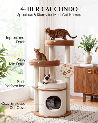 Purrlato Velvet Cat Tower, Beige, 4-TIER CAT CONDO, Spacious & Sturdy for Multi-Cat Homes