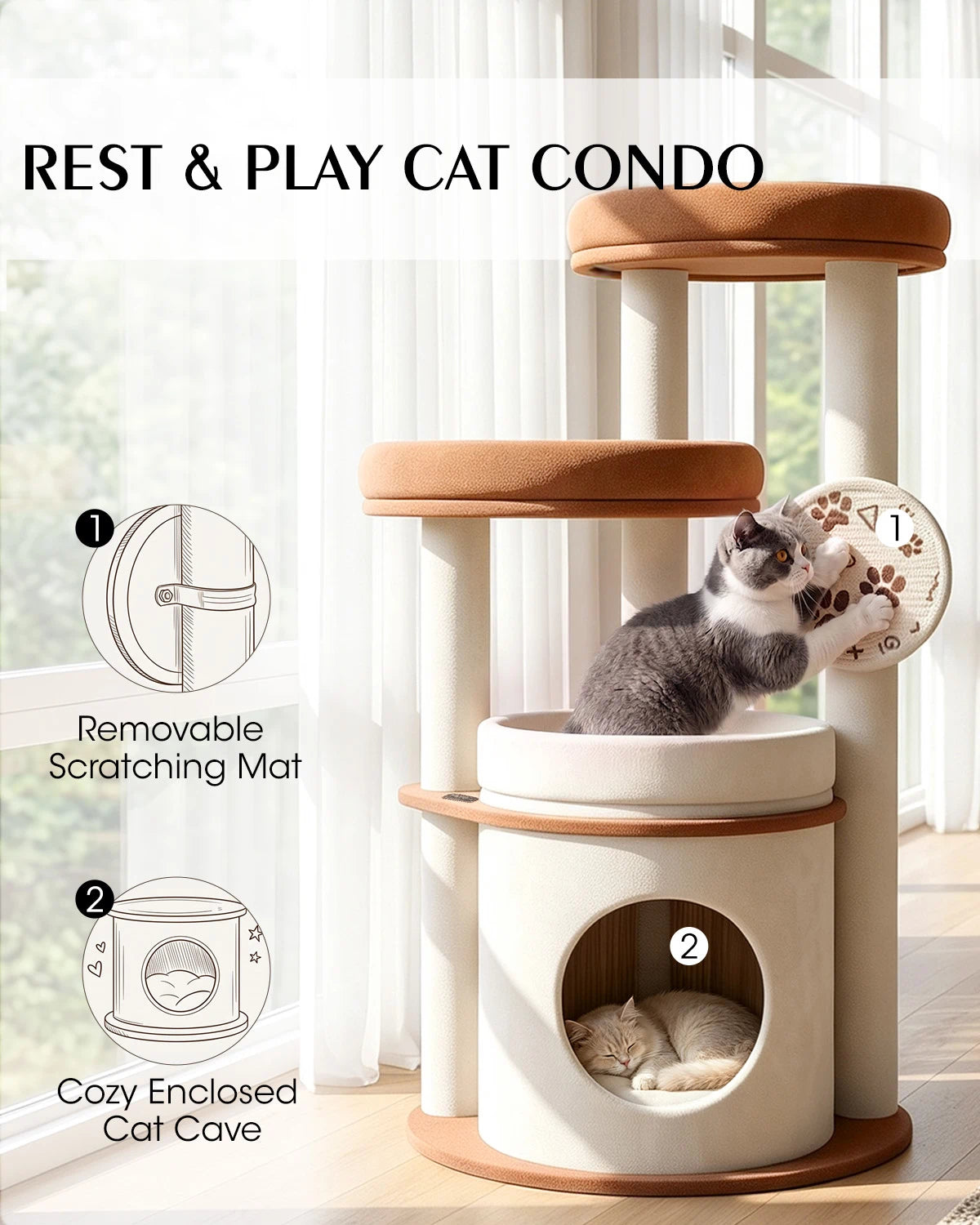 Purrlato Velvet Cat Tower, Beige, Removable Scratching Mat, Cozy Enclosed Cat Cave