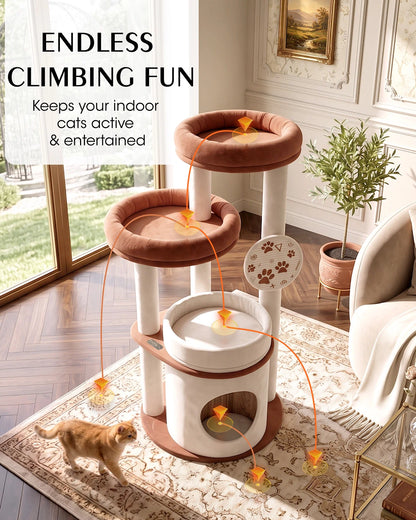 Purrlato Velvet Cat Tower, Beige, ENDLESS CLIMBING FUN, Keeps your indoor cats active & entertained