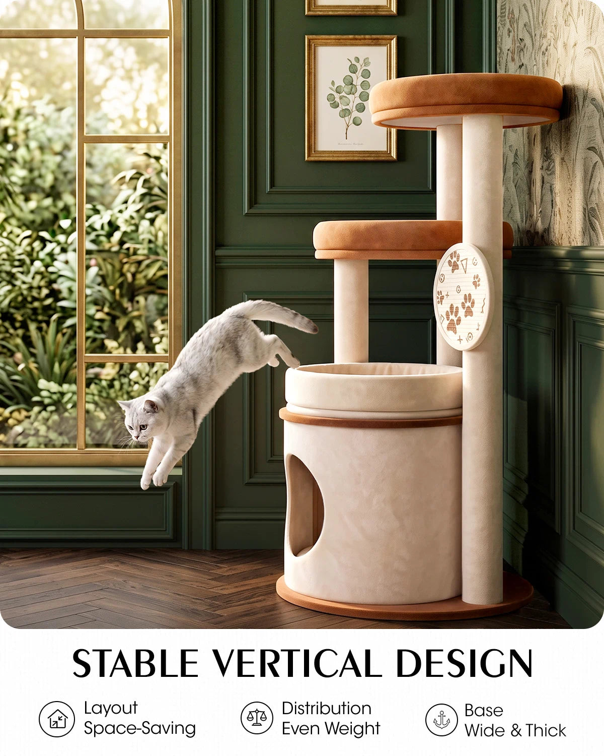 Purrlato Velvet Cat Tower, Beige, STABLE VERTICAL DESIGN, Layout Space-Saving, Distribution Even Weight, Base Wide & Thick