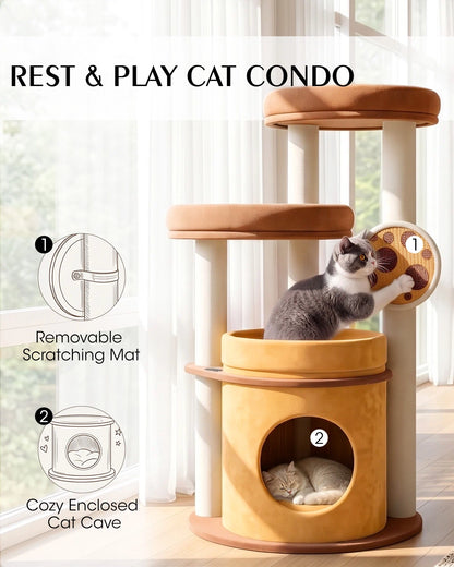 Purrlato Velvet Cat Tower, Bronze, REST & PLAY CAT CONDO, 1.Removable Scratching Mat, 2.Cozy Enclosed Cat Cave