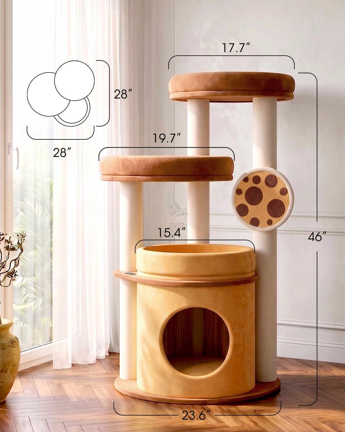 Purrlato Velvet Cat Tower, Bronze, Dimesions Chart