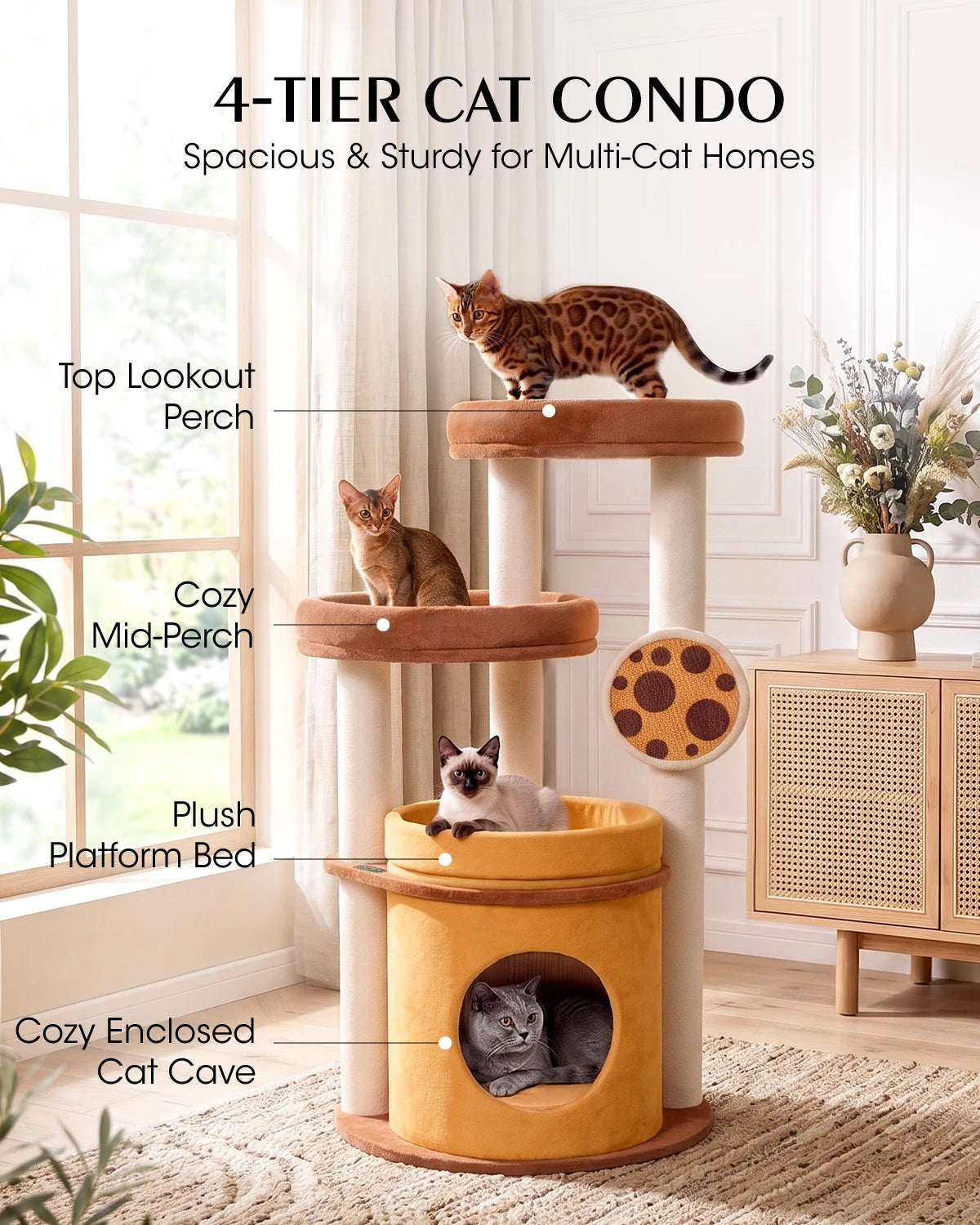 Purrlato Velvet Cat Tower, Bronze, 4-TIERCATCONDO, Spacious & Sturdy for Multi-Cat Homes