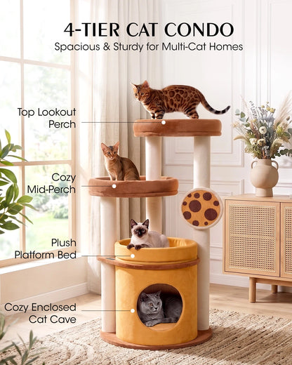 Purrlato Velvet Cat Tower, Bronze, 4-TIERCATCONDO, Spacious & Sturdy for Multi-Cat Homes