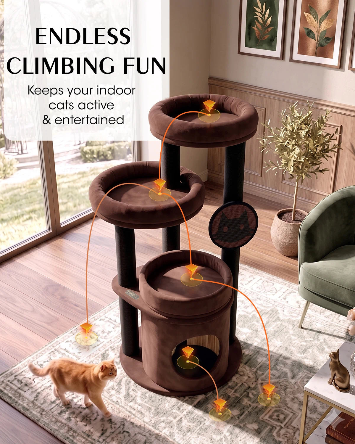 Purrlato Velvet Cat Tower, Brown, ENDLESS CLIMBING FUN, Keeps your indoor cats active & entertained