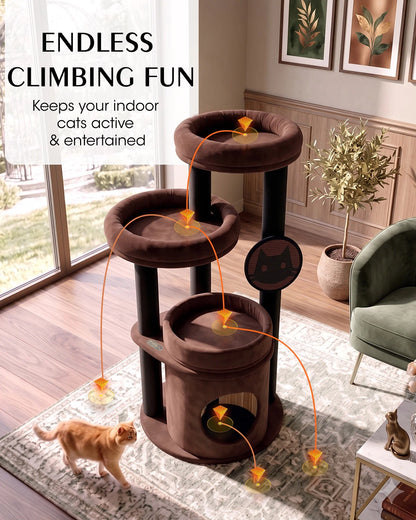 Purrlato Velvet Cat Tower, Brown, ENDLESS CLIMBING FUN, Keeps your indoor cats active & entertained