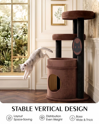 Purrlato Velvet Cat Tower, Brown, STABLE VERTICAL DESIGN