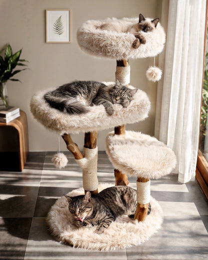 Modern boho living room featuring the Purrlato sculptural solid wood cat tree as home decor