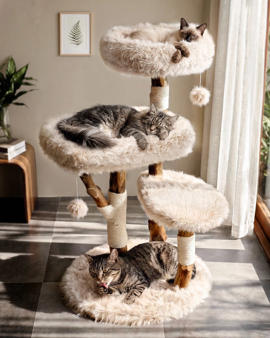 Modern boho living room featuring the Purrlato sculptural solid wood cat tree as home decor