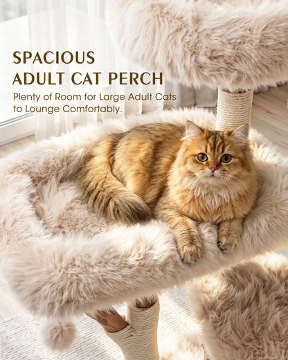 Purrlato Wood Branch Cat Tree Beige, SPACIOUS ADULTCATPERCH, Plenty of Room for Large Adult Cats to Lounge Comfortably.