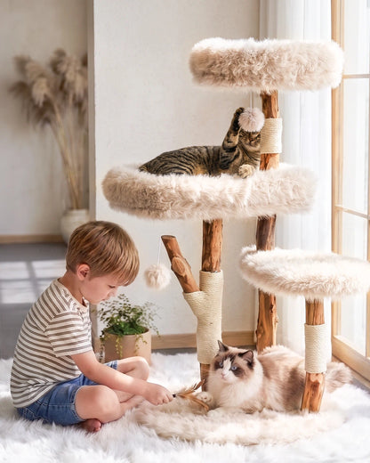 Purrlato solid wood cat tree in a cozy living room with a toddler and a kitten playing safely.