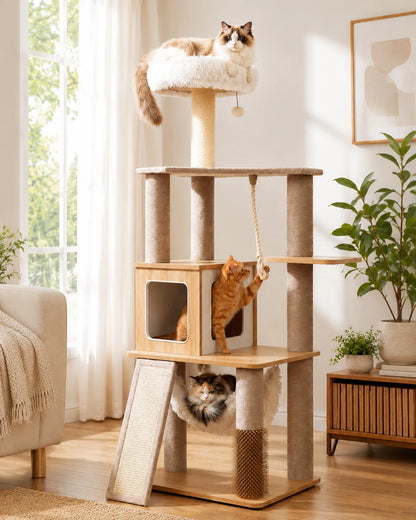 Purrlato Wooden Luxe 61-inch natural wood cat tree tower featuring a ragdoll cat on the white PV plush perch, an orange cat playing with the rope, and a tabby cat in the beige velvet hammock.