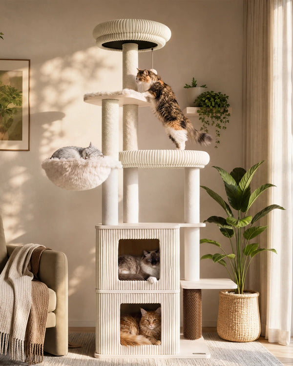 Purrlato Cat Tree Walnut Prestige - 2 Condos | 63-inch modern cat tower with 2 condos, reinforced wooden base, sisal scratching posts, large perch &amp; cozy condos. Easy to clean, wobble-free, built for kittens and adult cats.