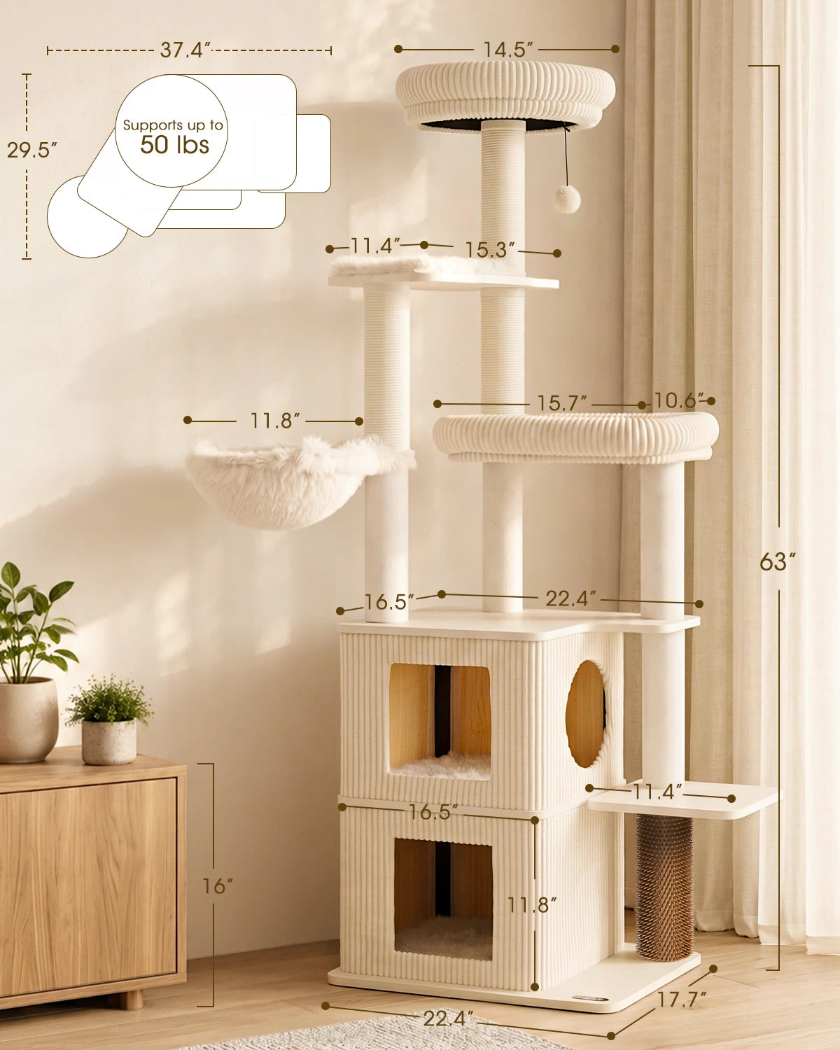 Purrlato Cat Tree Walnut Prestige - 2 Condos, Dimesions Chart
