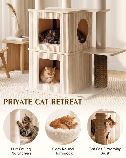Purrlato Walnut Prestige - 2 Condos Cat Tree PRIVATE CAT RETREAT Purr-Caring Cozy Round Cat Self-Grooming Scratchers Hammock Brush