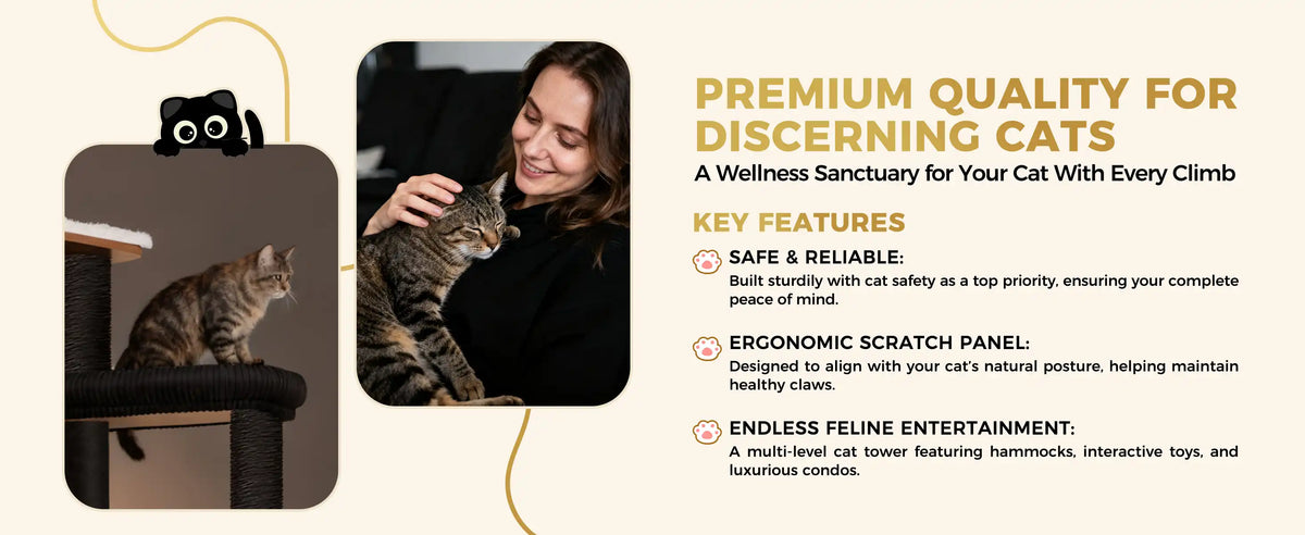 PREMIUM QUALITY FOR
DISCERNING CATS
A Wellness Sanctuary for Your Cat With Every Climb
KEY FEATURES
SAFE & RELIABLE:
Built sturdily with cat safety as a top priority, ensuring your complete
peace of mind.
ERGONOMIC SCRATCH PANEL:
Designed to align with your cat's natural posture, helping maintain
healthy claws.
ENDLESS FELINE ENTERTAINMENT:
A multi-level cat tower featuring hammocks, interactive toys, and
luxurious condos.