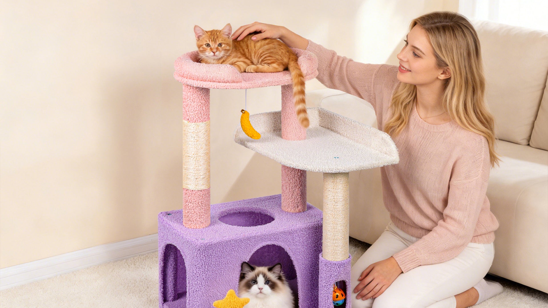 Load video: 30inches Cute Cat Tree for Kittens Cats video- Purrlato |
30" cat tree with reinforced wood base, sisal scratching posts, enclosed condos &amp; oversized perch. Wobble-free, easy to clean, safe for kittens.